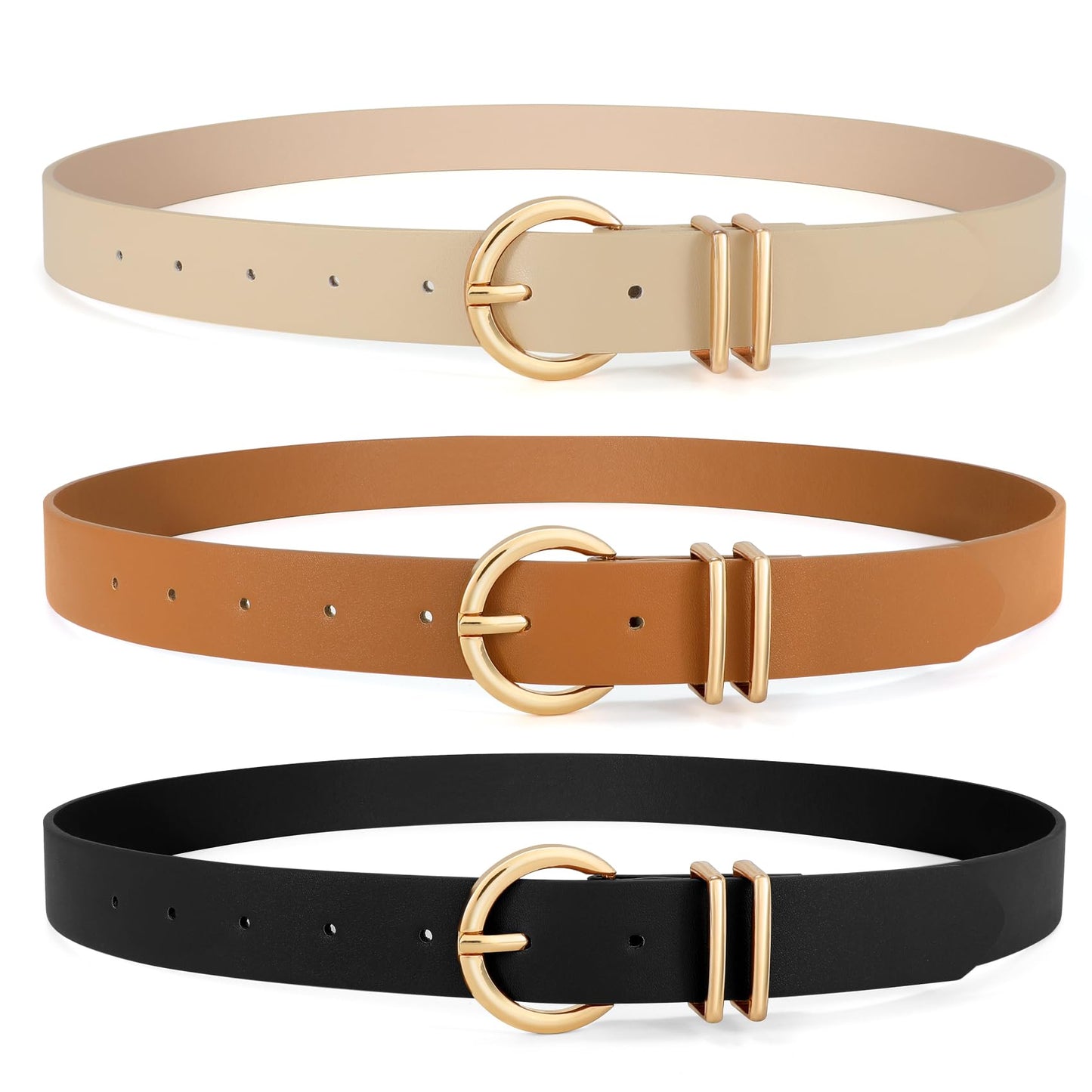 VONMELLI 3 Pack Women's Belts for Jeans Dresses Leather Belts for Women Ladies Waist Belt with Gold Buckle, Black Brown Beige M
