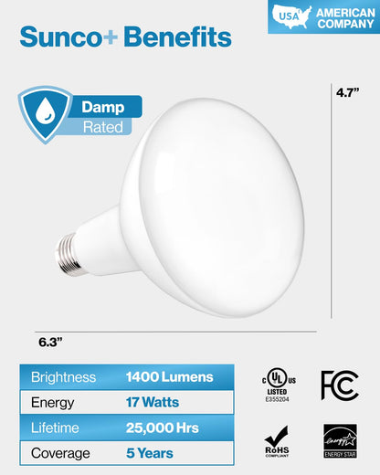 Sunco 8 Pack BR40 LED Light Bulbs, Indoor Flood Lights, Recessed Can Light Bulb, 1400 LM, 17W (100W Equivalent), 5000K Daylight, Dimmable, E26 Base, for Home, Bedroom, Kitchen UL