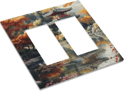 Decorative Art Light Switch Covers Lake & Pagoda in Fall 2 Gang Dual Rocker Outlet Switch plate Faceplate GFCI for Home Decor
