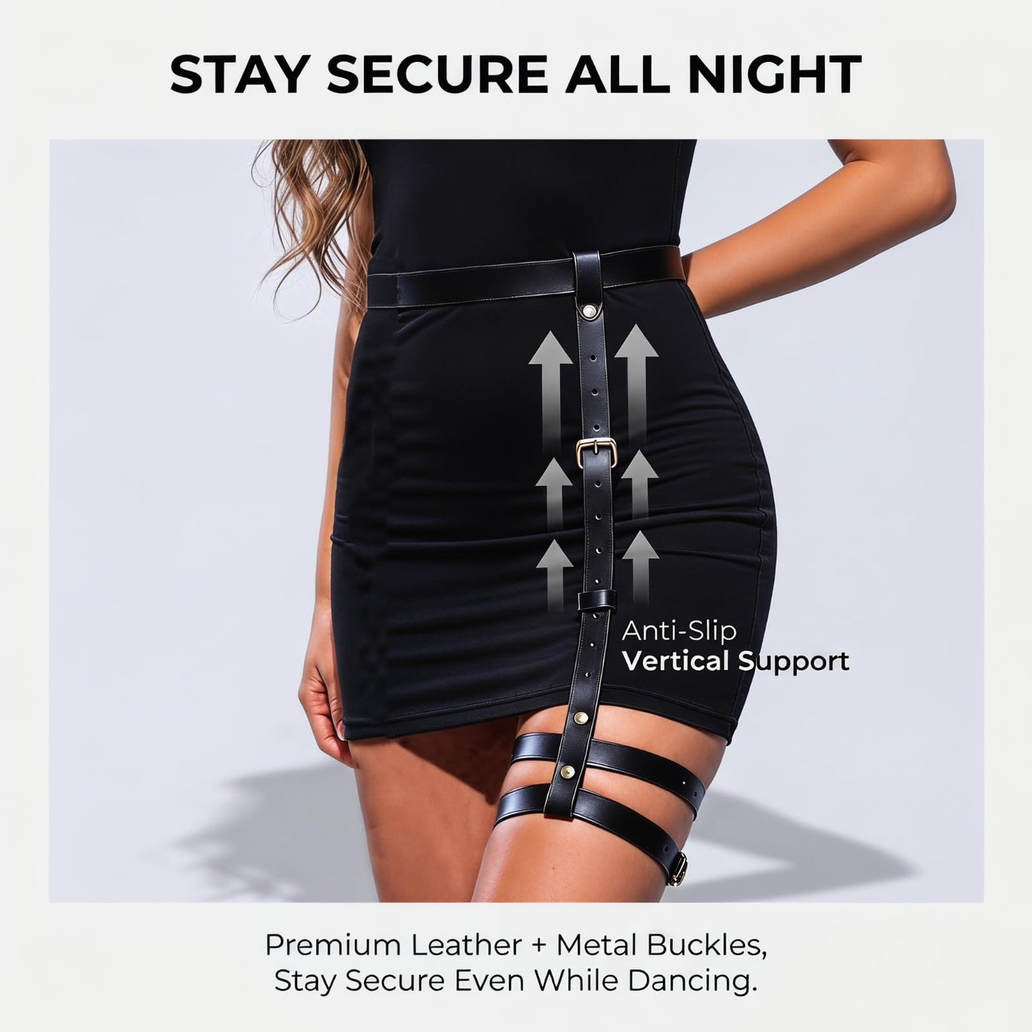 YLZZMDQSZ Leather Thigh Harness, Adjustable Thigh Belt with Alloy Buckle for Women, Black Leg Harness for Fashion Outfits Party Accessories