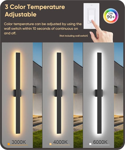 Outdoor Lights 2 Packs,Modern Outdoor Wall Light Fixture Long Strip LED Wall Sconce IP65 Anti Rust 3000K 4000K 6000K Exterior Wall Mount Lights for Entrance, Hallway, Garage, Porch(3CCT)