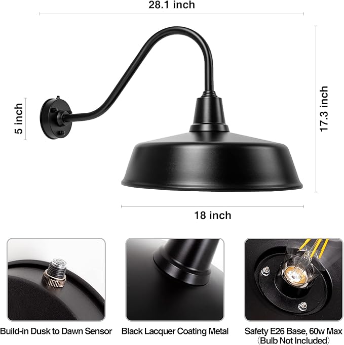 Gooseneck Barn-Lights Outdoor Fixture - 18 inch Farm Style Black Large Lighting Farmhouse Exterior Sconce Wall Light for House, Dusk to Dawn Sensor Front Door Porch Garage (18 inch)