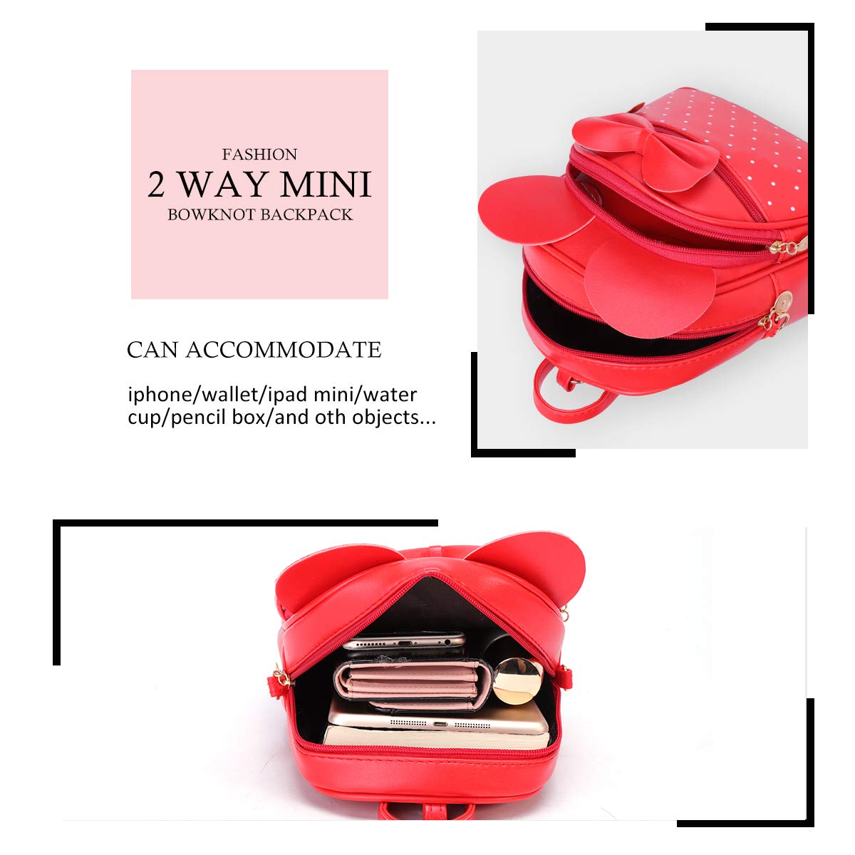KL928 Girls Mini Backpack Bowknot Polka Dot Cute Small Daypacks Convertible Shoulder Bag Purse for Women
