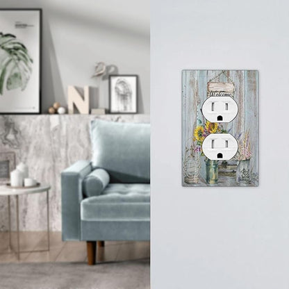 Sunflower Vintage Barn Wooden 1 Gang Single Duplex Light Switch Plate Outlet Cover Sun floral Decorative Wall Plate Switchplate Electrical Faceplate Farmhouse Home Livingroom Decor