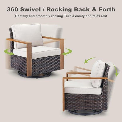 Rilyson Outdoor Wicker Patio Furniture Set - 5 Piece Patio Conversation Set with 2 Wicker Swivel Rocker Chairs,2 Rattan Ottoman and 1 Couch,Thick Cushions,Deep Seating,Wide Armrest(Brown/Beige)