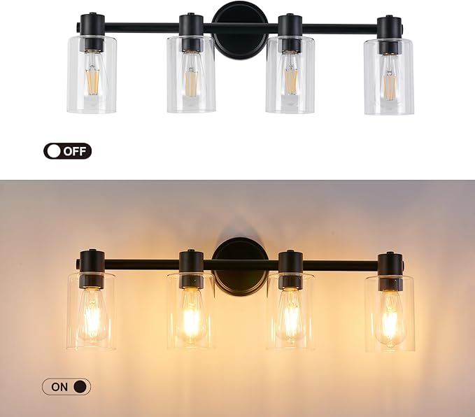 4 Light Bathroom Wall Light Fixtures Black Bathroom Wall Sconce with Clear Glass Lights Over Mirror Vanity Lights E26 Base