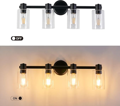 4 Light Bathroom Wall Light Fixtures Black Bathroom Wall Sconce with Clear Glass Lights Over Mirror Vanity Lights E26 Base