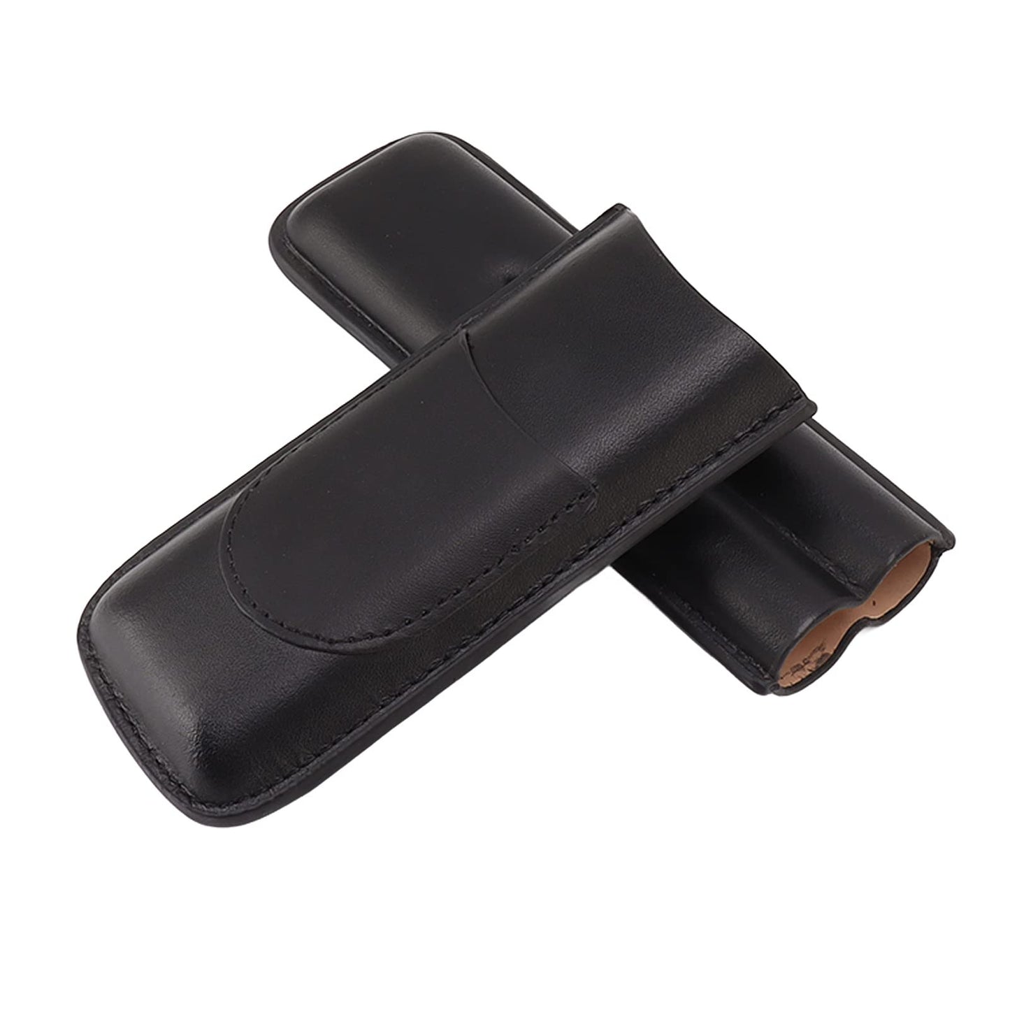 OEBUAFI 2 Finger Faux Leather Cigar Case, Premium Soft Touch Travel Holder with Front Pocket for Cutter, Elegant Sewing Technology Lightweight Durable Men (Black)