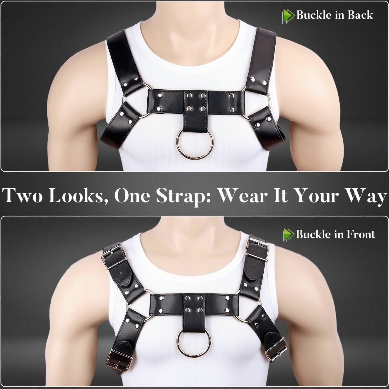 RTeczSolve Men's Chest Harness Belt, Body Harness for Men, Adjustable PU Leather Male Punk Chest Belt Shoulder Harness Muscle Show Fashion Costumes for Cosplay and Party