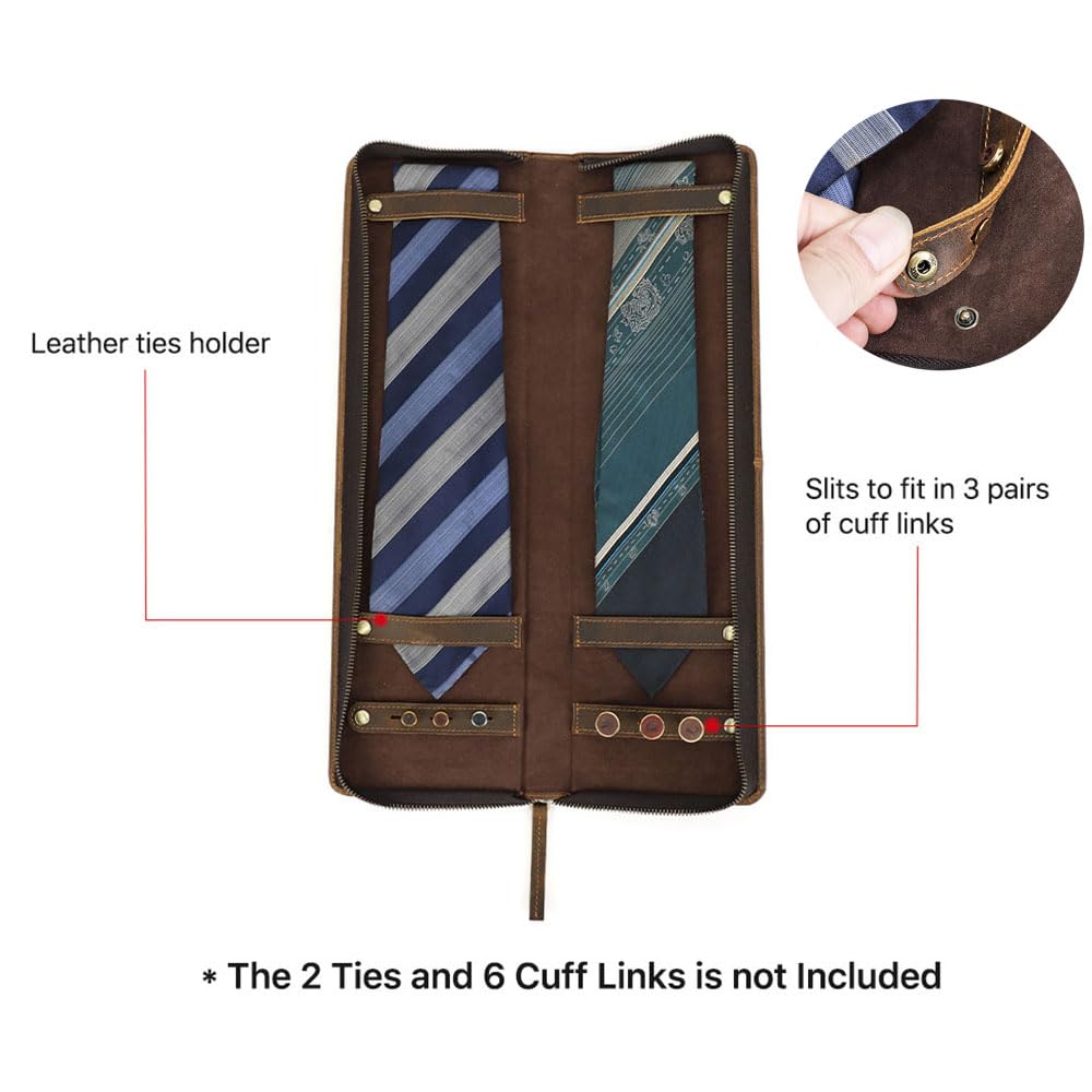 CONTACTS Ties Travel Case Leather Neckties Storage Box Formal Dress Accessories Anti Wrinkle Organizer for 2 Ties with Cufflinks Holder
