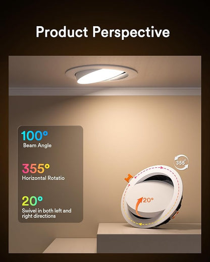 Lumary Smart Gimbal Recessed Lighting 4 Inch, 355°+20° Adjustable RGBWW WiFi Ceiling Light, Work with Alexa Google, Canless LED Downlight with J-Box, 9W 780LM CRI90, 1PC