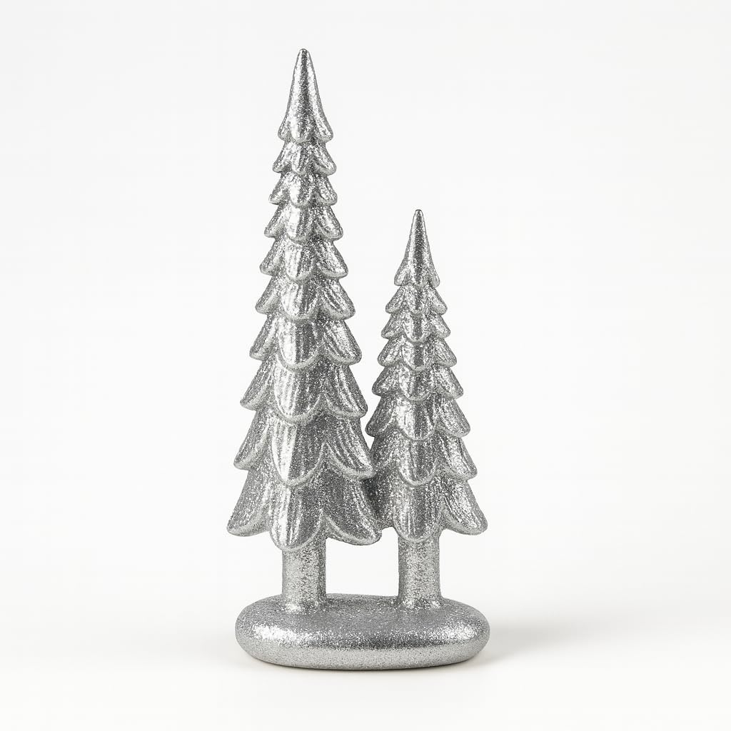 iStatue Sparkle Pine Trees, 7" Resin Tabletop Figurine Double Glitter Trees on One Base Indoor Christmas Decoration, Modern Mantel/Bookshelf Décor (Silver)