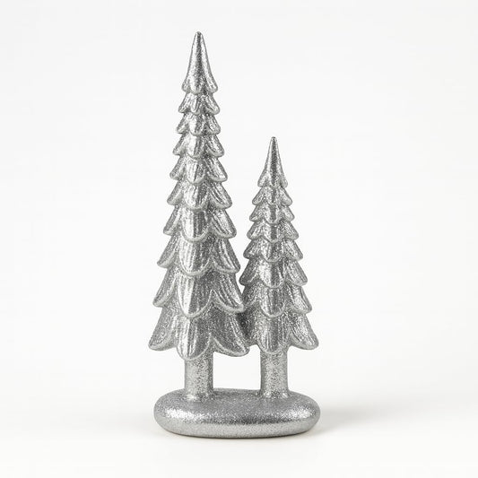 iStatue Sparkle Pine Trees, 7" Resin Tabletop Figurine Double Glitter Trees on One Base Indoor Christmas Decoration, Modern Mantel/Bookshelf Décor (Silver)
