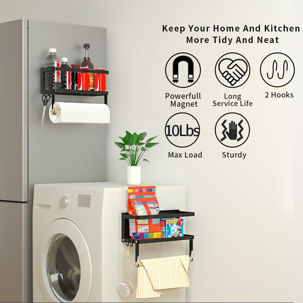 Magnetic Paper Towel Holder for Refrigerator, Magnetic Spice Rack,Magnetic Shelf for Stove,Wall Mount Towel Rack with Hooks,Refrigerator Organizer for Kitchen (Black)