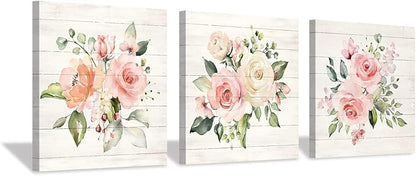 Pink Floral Canvas Wall Art: Roses Flowers Bouquet Pictures Artwork for Kitchen Bathrooms (12"x12"x3pcs)