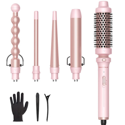 Wavytalk 5 in 1 Curling Iron,Curling Iron Set with Heated Round Brush and 4 Interchangeable Ceramic Curling Wand(0.5”-1.25"), Instant Heat Up,Dual Voltage Hair Curler