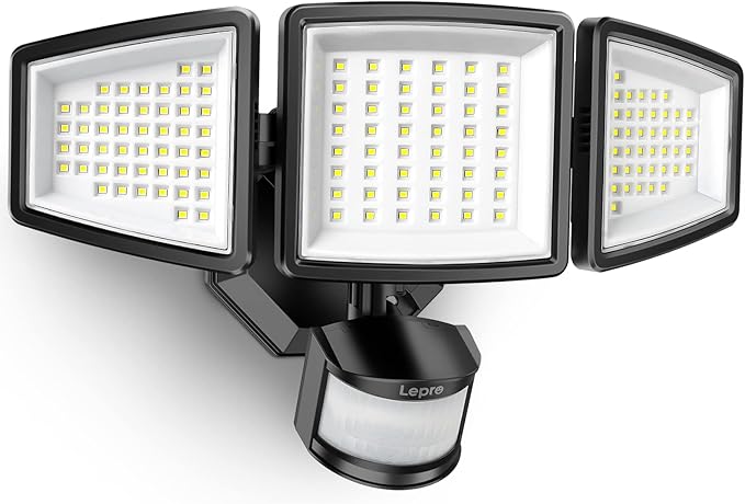Lepro LED Security Lights, Outdoor Motion Sensor Light, Flood Lights with 3 Adjustable Heads, 270° Wide Lighting Angle, 27W 3200LM Super Bright, IP65 Waterproof for Yard Porch Garage, Black