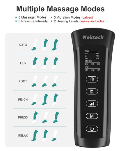 Nekteck Leg Massager for Circulation and Pain Relief, Air Compression Foot Calf Thigh Massager with 2 Heat and 3 Vibration Functions, 6 Modes 3 Intensities, Help for Muscles Relaxation