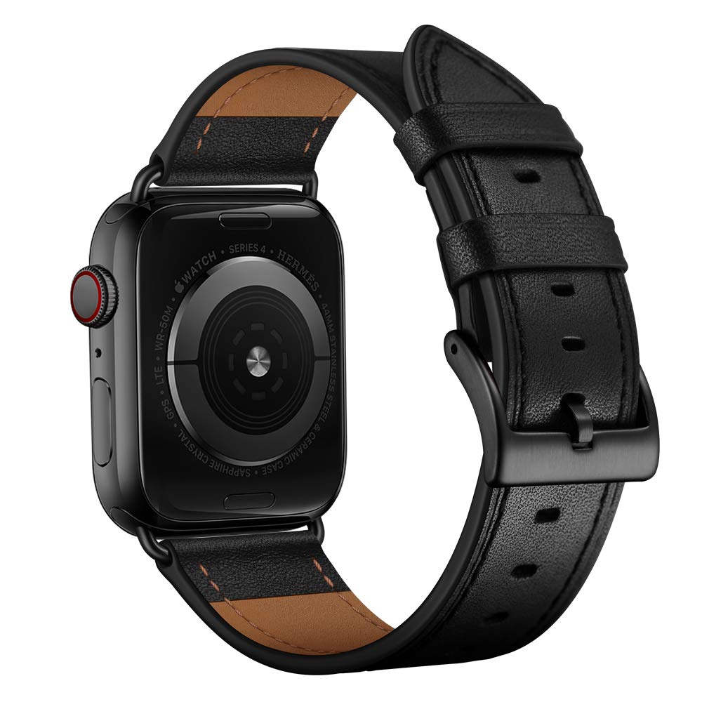OUHENG Leather Bands Compatible with Apple Watch Band 42mm 41mm 40mm 38mm, Genuine Leather Strap Compatible with Apple Watch Series 11/10/9/8/7/6/5/4/3/2/1 & SE3 SE2 SE, Black/Black