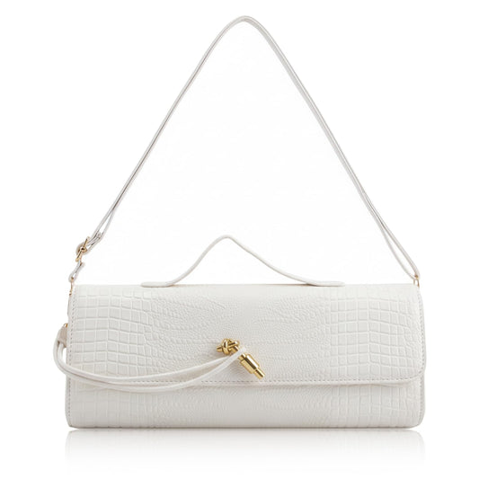 BWKUNOLF Evening Clutch for Women Crocodile Print - PU Leather Crossbody Bag with Removable Strap, Formal Party & Wedding Handbag (White)