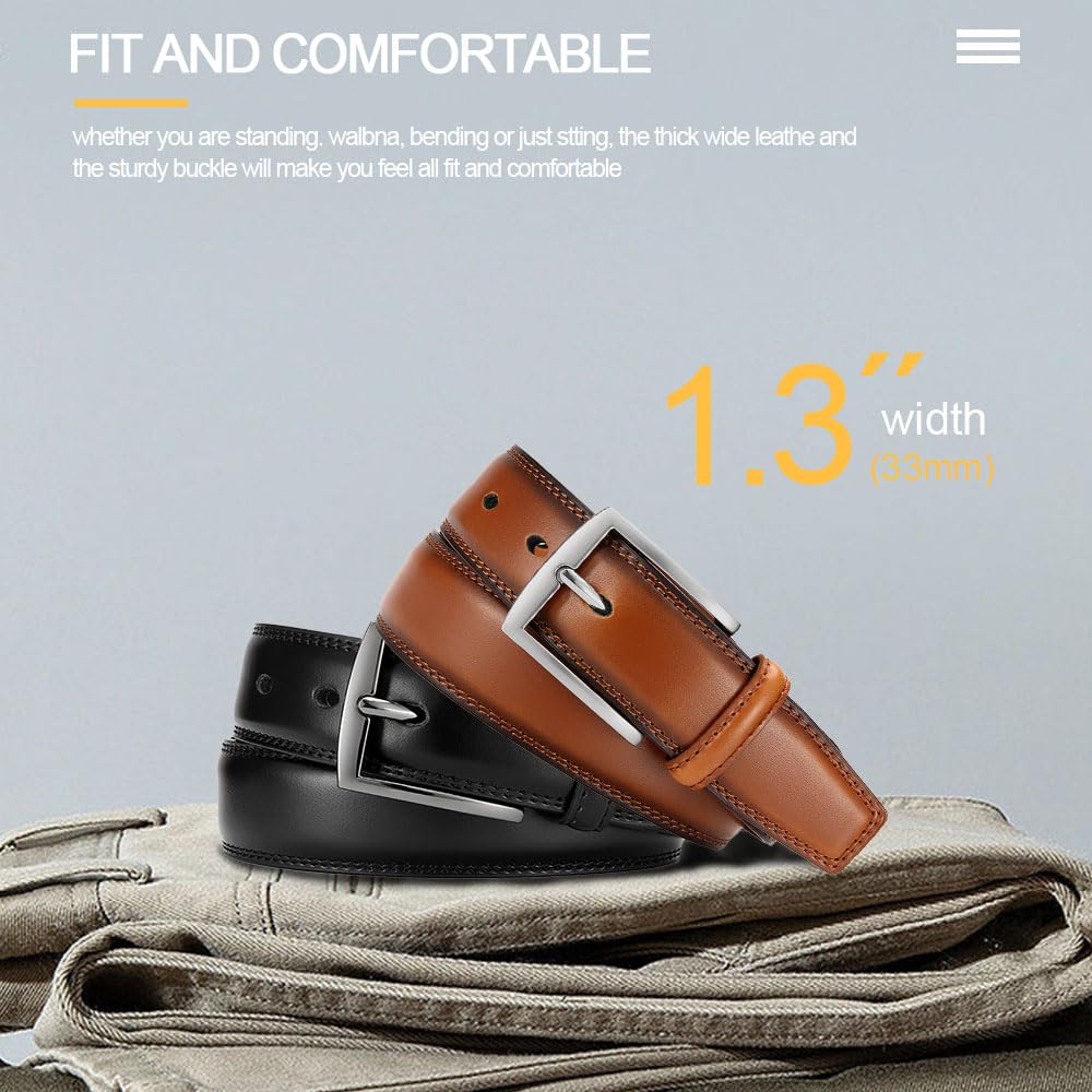 DOOPAI Men's Genuine Leather Dress Belt 2Pack - Handmade Classic Casual and Business Belt, 100% Cow Leather Prong Buckle,