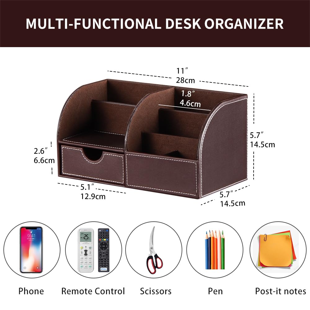 Desk Organizer, PU Leather Desktop Organizers and Accessories, Office Supplies Multi-Functional Caddy Storage with 6 Compartments and 1 Drawer, Workspace Organizer for Office Home School Classroom