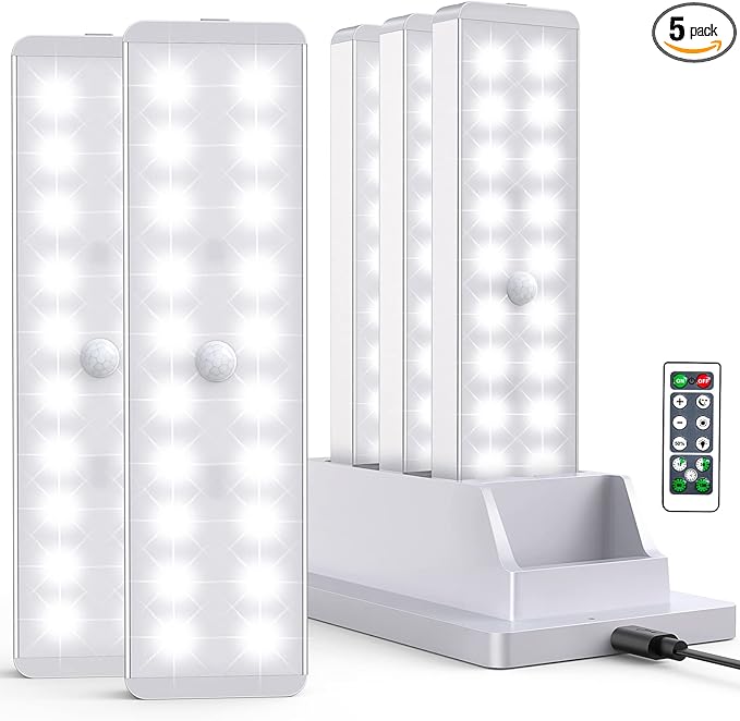 LED Closet Light with Charging Station, 5 Pcs Dimmer Rechargeable Motion Sensor Under Cabinet Lighting, Stick-Anywhere Night Safe Light Bar for Wardrobe,Kitchen