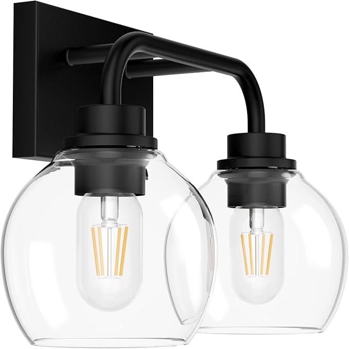 Tipace 2 Lights Industrial Bathroom Vanity Light Fixtures Over Mirror Black Vintage Vanity Lights with Globe Clear Glass Farmhouse Wall Sconces Fixture(Exclude Bulb)