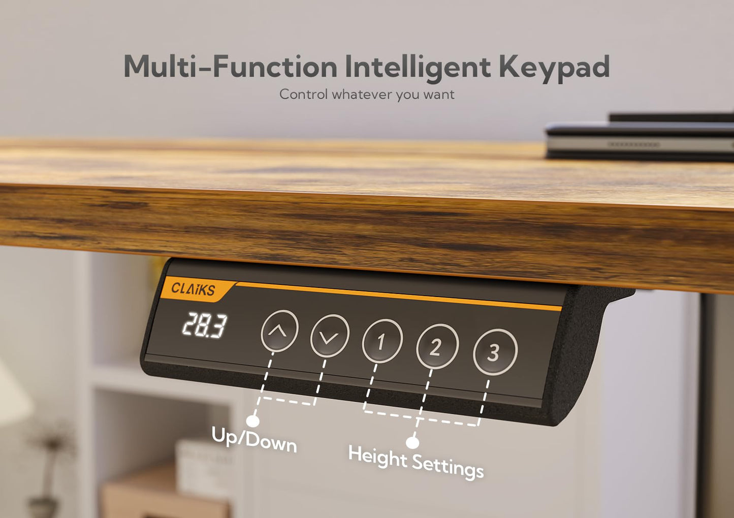 Claiks Electric Standing Desk, Adjustable Height Stand up Desk, 24x48 Inches Sit Stand Home Office Desk with Splice Board, Black Frame/Rustic Brown Top