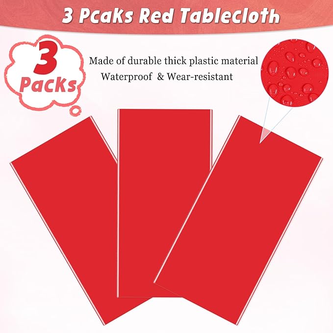 3 Packs Red Disposable Plastic Tablecloth 54 x 108 Inch Waterproof Tablecloths 6FT Rectangle Table Cover for Valentines Day Christmas Thanksgiving Carnival Theme Party Decoration