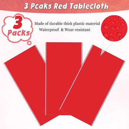 3 Packs Red Disposable Plastic Tablecloth 54 x 108 Inch Waterproof Tablecloths 6FT Rectangle Table Cover for Valentines Day Christmas Thanksgiving Carnival Theme Party Decoration