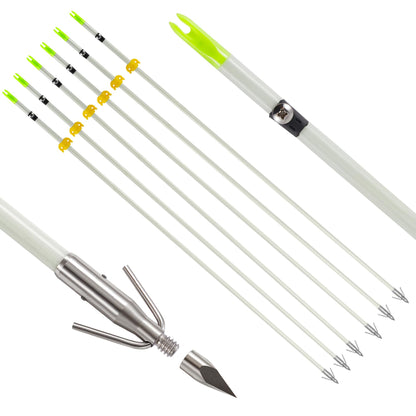 KEAUP 6 Pack 32 inch Bowfishing Arrows with Broadheads and Safty Slides Bow Fishing Arrow Luminous for Compound Bow Recurve Bow Fishing Hunting