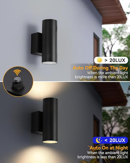 KIZON Outdoor Light with Outlet, Dusk to Dawn Outdoor Lighting, Matte Black Exterior Light Fixture Cylinder, Alunmium Anti Rust Up and Down Lights for House Porch Garage