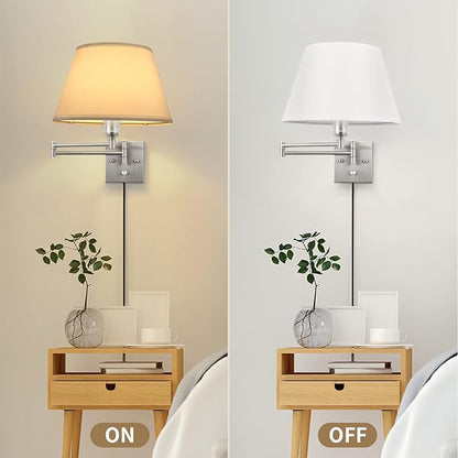 TRLIFE Dimmable Wall Sconce Plug in, Brushed Nickel Wall Sconces Set of Two Swing Arm Wall Lights with Plug in Cord and On/Off Dimmer Rotary Switch, 11.8" Large White Fabric Shade(2 Pack, 2 Bulbs)