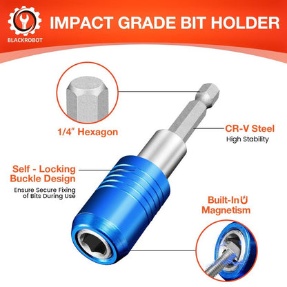BLACKROBOT 4-Piece Magnetic Quick Change Impact Bit Holder, 2.5-Inch Drill Bit Extension for 1/4" Hex Drives, Ideal for Screwdriver Bits, Nuts, Drills and Socket Driver Adapters