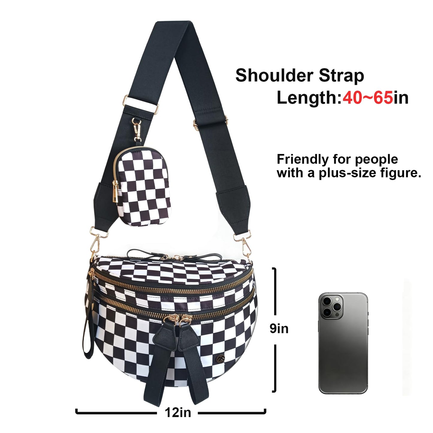 Security Carry Bum Bags Checkered Crossbody Fanny Packs Diaper Bag with RFID Pouch for CCW, EDC& Outdoor (Black+white)