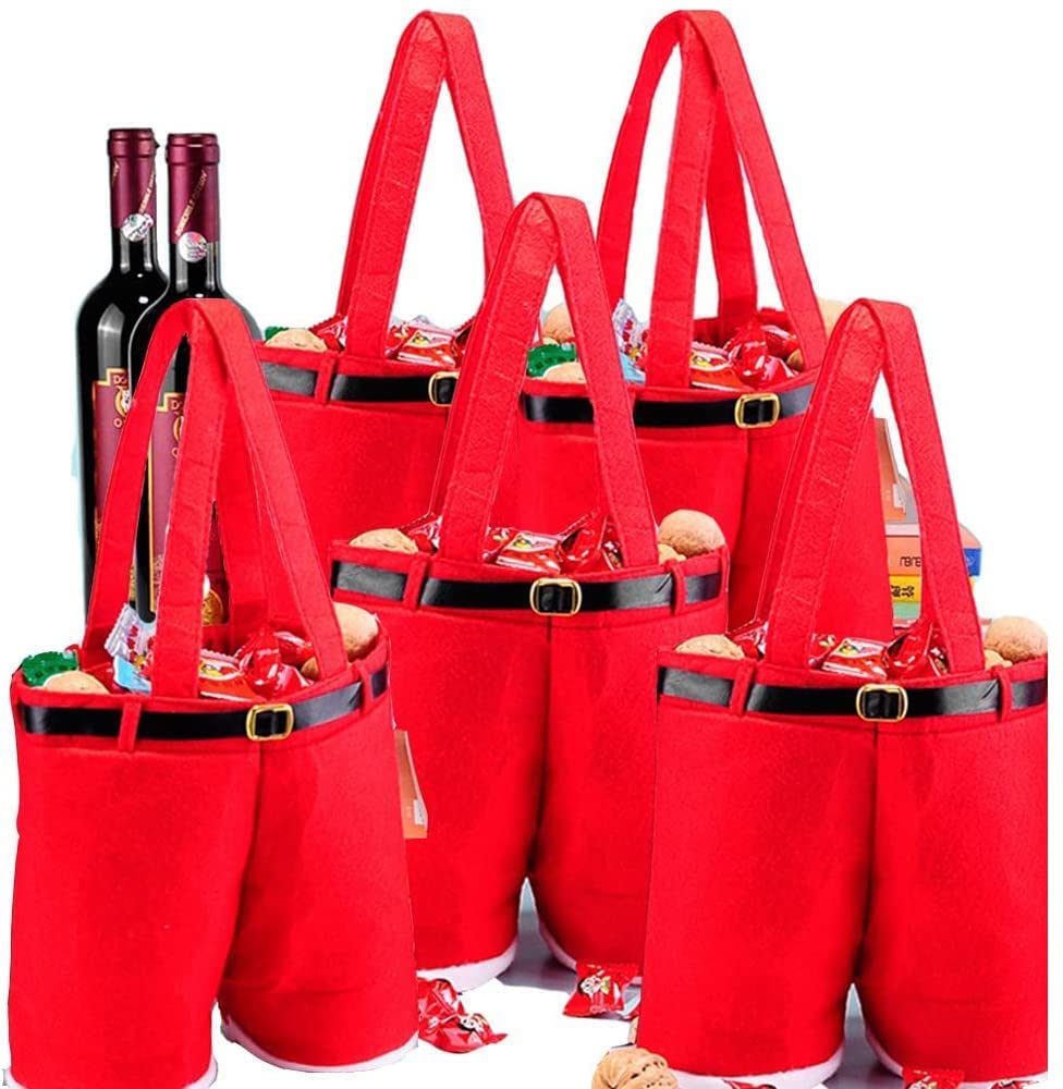 Homecube Large Size Christmas Candy Bag Wine Holders Santa Pants Gift and Treat Bags with Handle Portable Candy Gift Baskets Gift Wrap for Wedding, Pack of 6 (10" L x 15" H)