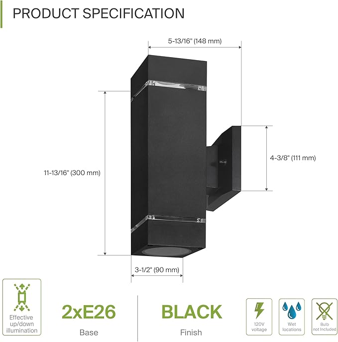 ASD 2 Light Square Outdoor Wall Light Fixture | 120W E26 Bulb Socket 120V ETL Cylinder Up Down Lights | LED/CFL/Incandescent Bulb Exterior Wall Sconce | Front Door, Porch Patio | Ringed Black