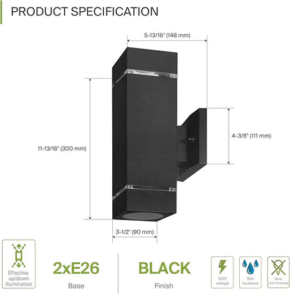 ASD 2 Light Square Outdoor Wall Light Fixture | 120W E26 Bulb Socket 120V ETL Cylinder Up Down Lights | LED/CFL/Incandescent Bulb Exterior Wall Sconce | Front Door, Porch Patio | Ringed Black, 6 Pack