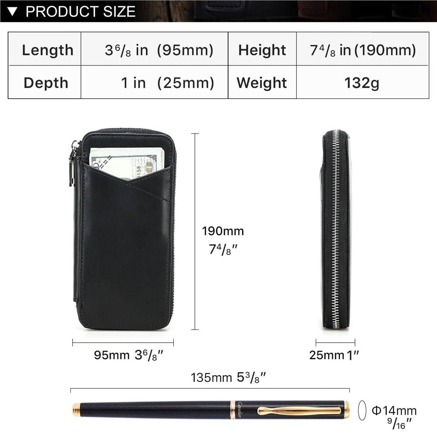Hiram Handmade 4-Pen Case, Triple-Zip Crazy-Horse Leather Pouch with Microfiber Suede Lining, Heart-Stamped, Fountain/Ballpoint Box, Vintage Executive Stationery Storage(Black)