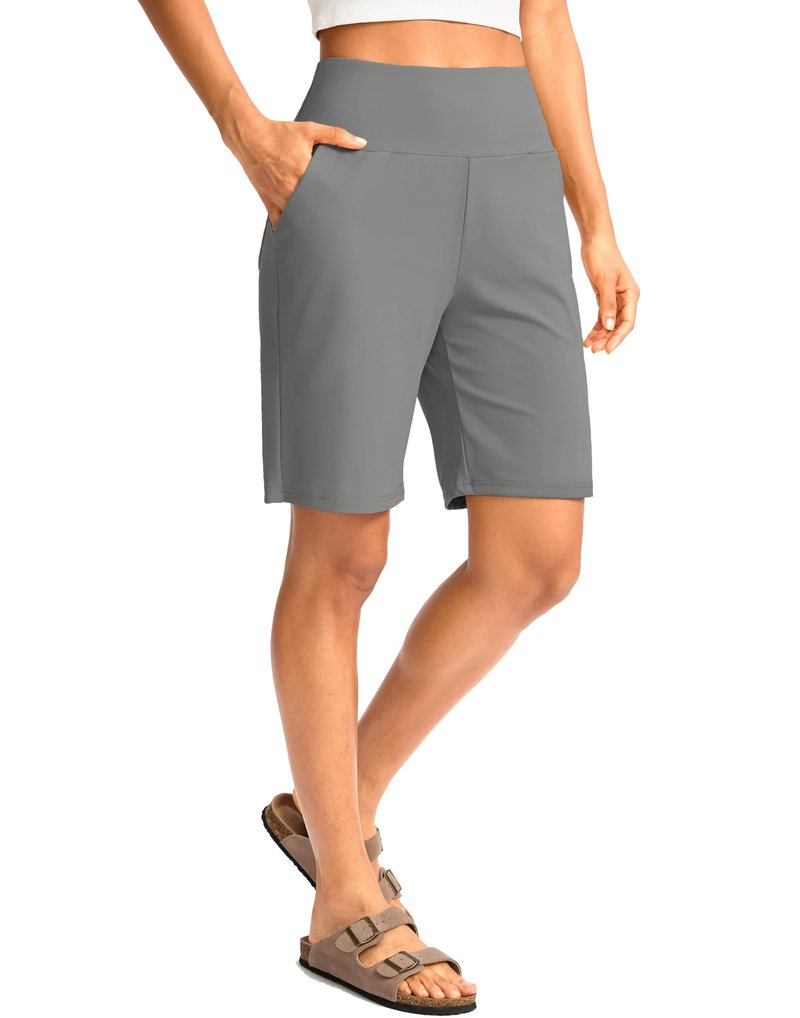 G Gradual Women's Bermuda Long Shorts with Pockets 9" High Waisted Knee Length Shorts for Women Walking Athletic Workout(Light Grey,M)