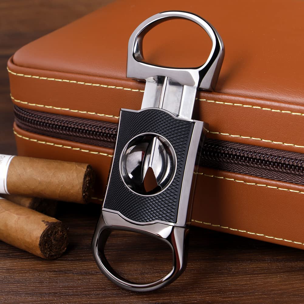 KEENSUN Zinc Alloy V-Cut Cigar Cutter (Gun Color and Black CNC Engraved Diamond Shell), 60 Ring Gauge, Stainless Steel Cut Blade with Leather Case and Gift Box