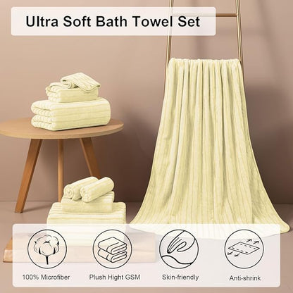 4 Pcs Light Yellow Cabana Stripe Large Bath Towels 35"x70" Oversized Bath Sheet