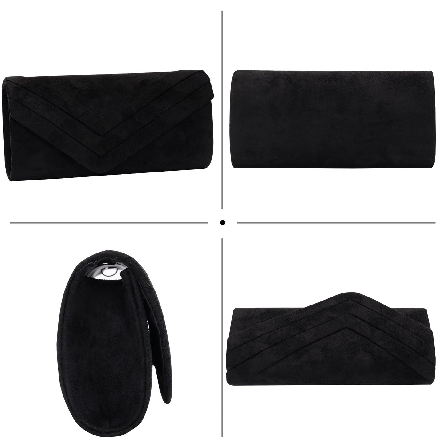 Larcenciel Elegant Black Suede Envelope Clutch Purse for Women, Soft Velvet Pleated Evening Bag with Detachable Chain Strap, Ladies Party Handbag for Formal Events, Wedding, Cocktail, Prom, Date Night