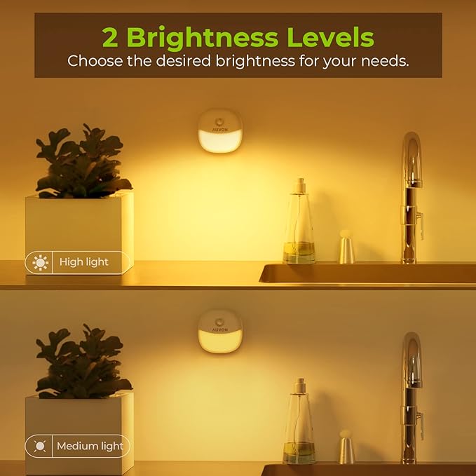 AUVON Rechargeable Battery Night Light, Mini with Motion Sensor, Warm White LED Stick-On Closet Light with Dusk to Dawn Sensor, Adjustable Brightness for Wall, Stairs, Hallway, Cabinet (4 Pack)