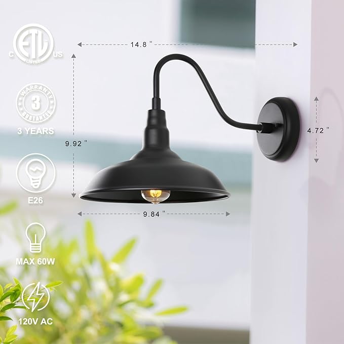 10in Black Gooseneck Barn Lights 4 Pack Farmhouse Barn Wall Mount Light Fixture Exterior Waterproof Industrial Porch Wall Sconce for Garage, Patio, Doorway, LM2201-4P