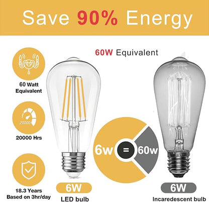 LED Light Bulbs Edison dimmable Bulbs Warm White 2700K Light Bulbs,E26 Base Energy Saving Equivalent 60W Incandescent watt,Antique Glass Style for Home, Bedroom. (2700k Warm White, 6-Pack)