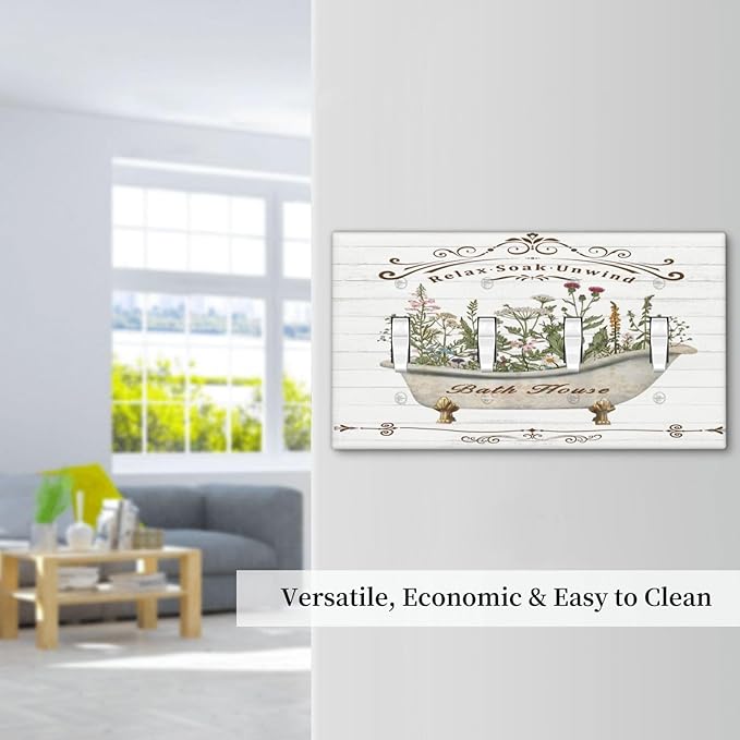 Rustic Farmhouse Wooden Board Botanical Flower Quad Gang Toggle Light Switch Cover 4-Gang Wall Plates Decorative Electrical Switchplate for Home Bedroom Art Decorate