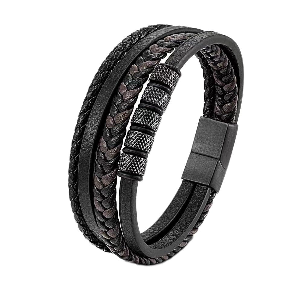 JSNOM Mens Leather Bracelet Gifts: Handmade Braided Genuine Leather Bracelet for Christmas Father's Day Birthday, Cuff Wristbands Black Bracelets Gifts for Men (Black, M-8.3inch)
