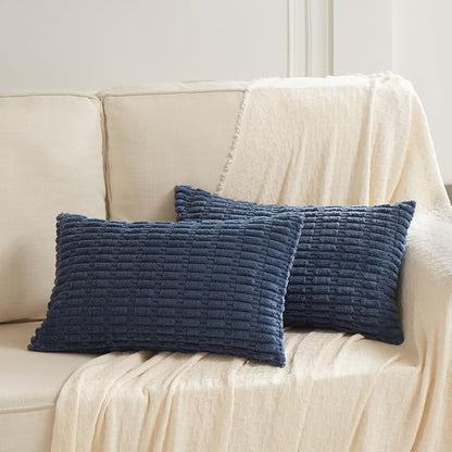 Fancy Homi Dusty Blue Lumbar Decorative Throw Pillow Covers 14x24 Inch for Living Room Couch Bed Sofa, Rustic Farmhouse Boho Home Decor, Soft Striped Corduroy Rectangle Cushion Case 35x60 cm